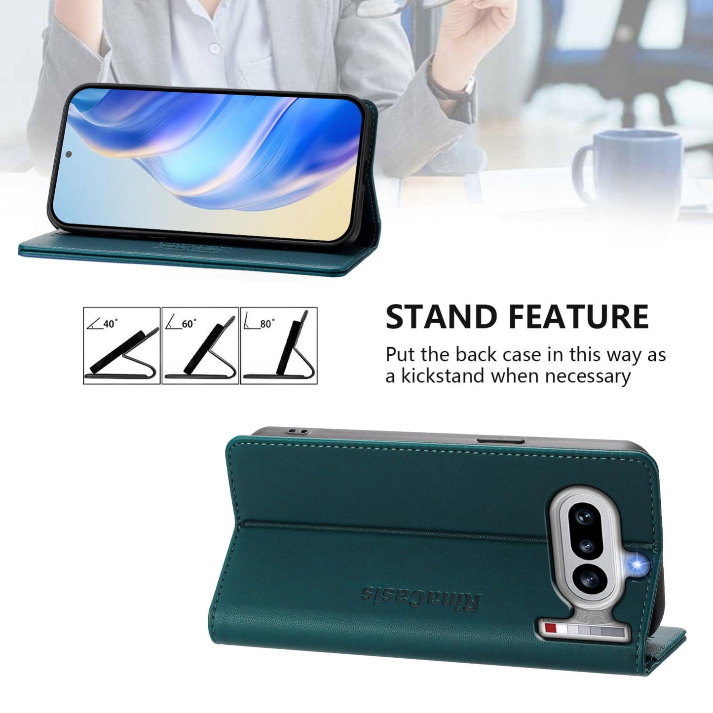 Nothing Phone 4a Dual-Folded Magnetic Suction RFID Blocking PU Leather Wallet Phone Case with Card Slots, Cash Pocket, Kickstand, Full Protective Flip Cover