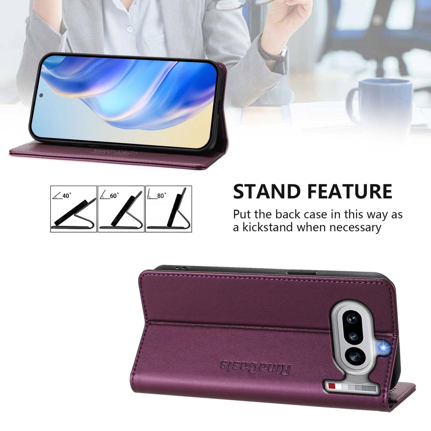 Nothing Phone 4a Dual-Folded Magnetic Suction RFID Blocking PU Leather Wallet Phone Case with Card Slots, Cash Pocket, Kickstand, Full Protective Flip Cover