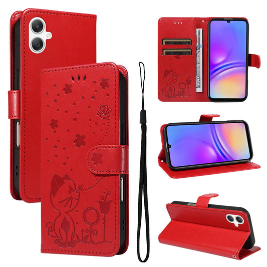 For Samsung Galaxy A06 5G Cat and Bee Embossed Flip Leather Phone Case Wallet Cover with Card Slots Cash Pocket Magnetic Stand Protective Shockproof TPU PU Leather Case with Wrist Strap