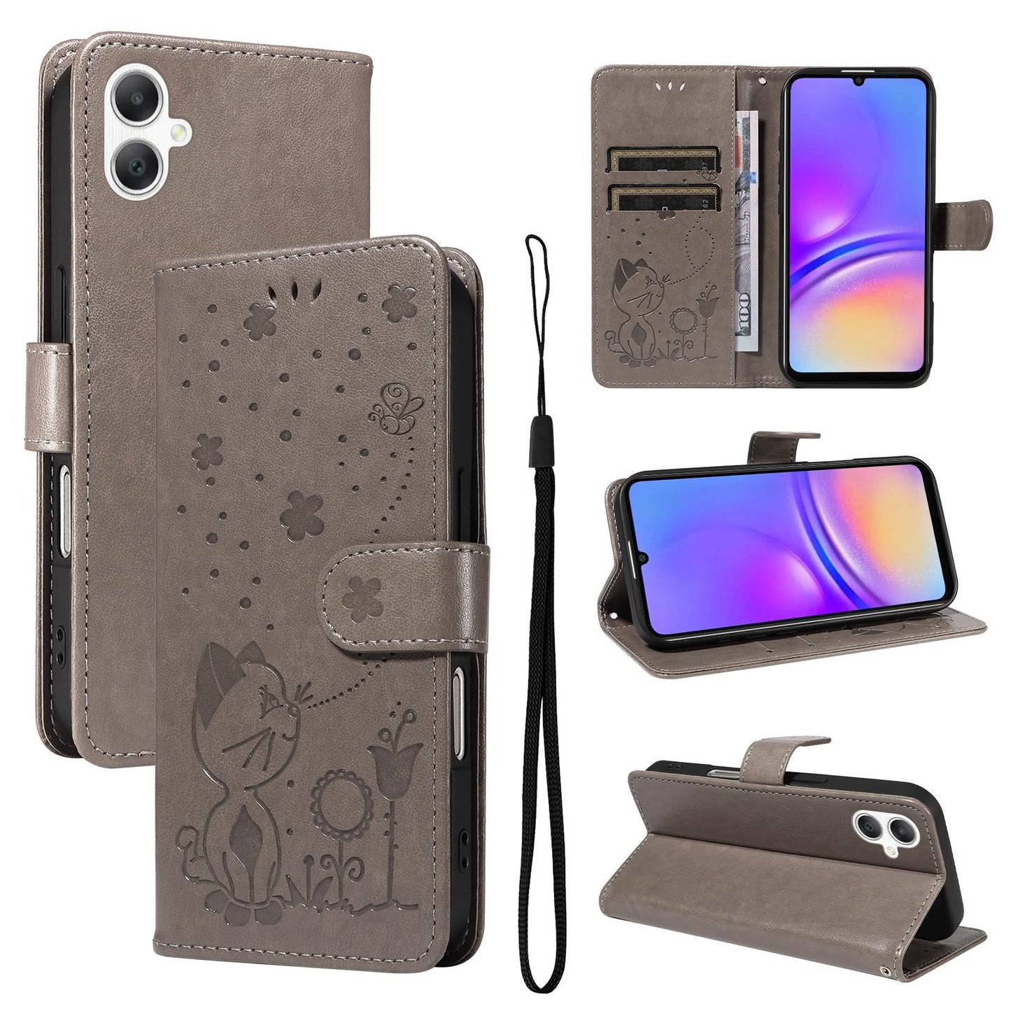 For Samsung Galaxy A06 5G Cat and Bee Embossed Flip Leather Phone Case Wallet Cover with Card Slots Cash Pocket Magnetic Stand Protective Shockproof TPU PU Leather Case with Wrist Strap