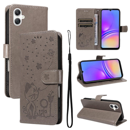 For Samsung Galaxy A06 5G Cat and Bee Embossed Flip Leather Phone Case Wallet Cover with Card Slots Cash Pocket Magnetic Stand Protective Shockproof TPU PU Leather Case with Wrist Strap