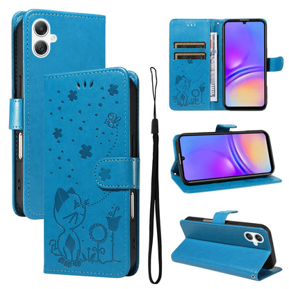 For Samsung Galaxy A06 5G Cat and Bee Embossed Flip Leather Phone Case Wallet Cover with Card Slots Cash Pocket Magnetic Stand Protective Shockproof TPU PU Leather Case with Wrist Strap