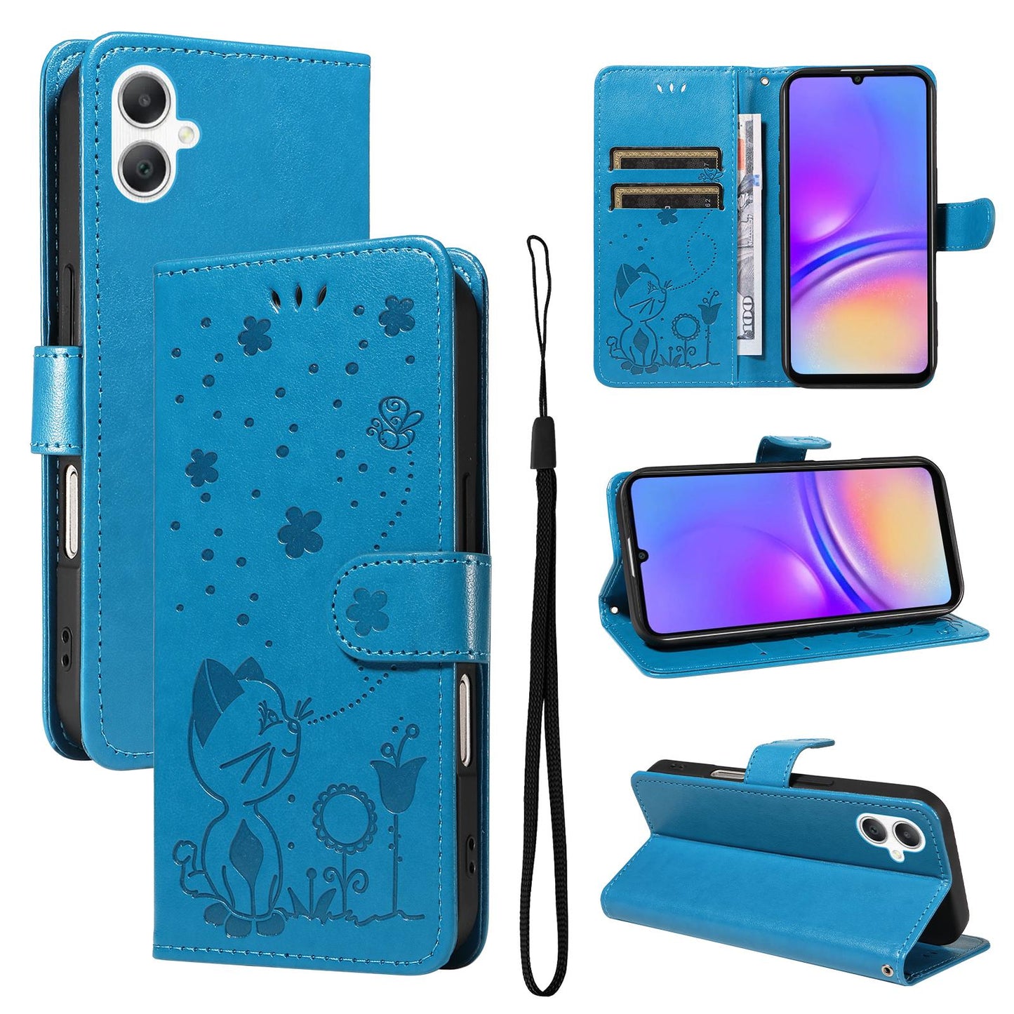 For Samsung Galaxy A06 4G Cat and Bee Embossed Flip Leather Phone Case Wallet Cover with Card Slots Cash Pocket Magnetic Stand Protective Shockproof TPU PU Leather Case with Wrist Strap