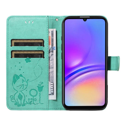 For Samsung Galaxy A06 4G Cat and Bee Embossed Flip Leather Phone Case Wallet Cover with Card Slots Cash Pocket Magnetic Stand Protective Shockproof TPU PU Leather Case with Wrist Strap