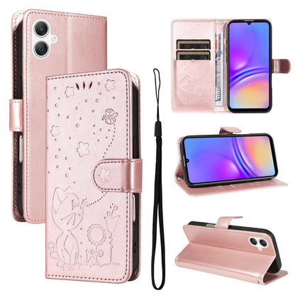 For Samsung Galaxy A06 5G Cat and Bee Embossed Flip Leather Phone Case Wallet Cover with Card Slots Cash Pocket Magnetic Stand Protective Shockproof TPU PU Leather Case with Wrist Strap