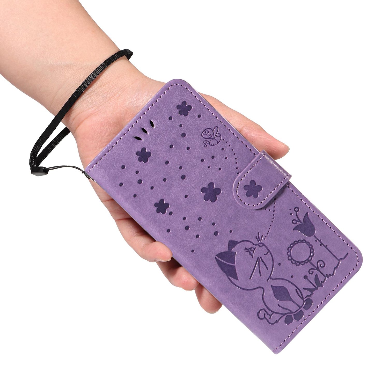 For Samsung Galaxy A06 5G Cat and Bee Embossed Flip Leather Phone Case Wallet Cover with Card Slots Cash Pocket Magnetic Stand Protective Shockproof TPU PU Leather Case with Wrist Strap