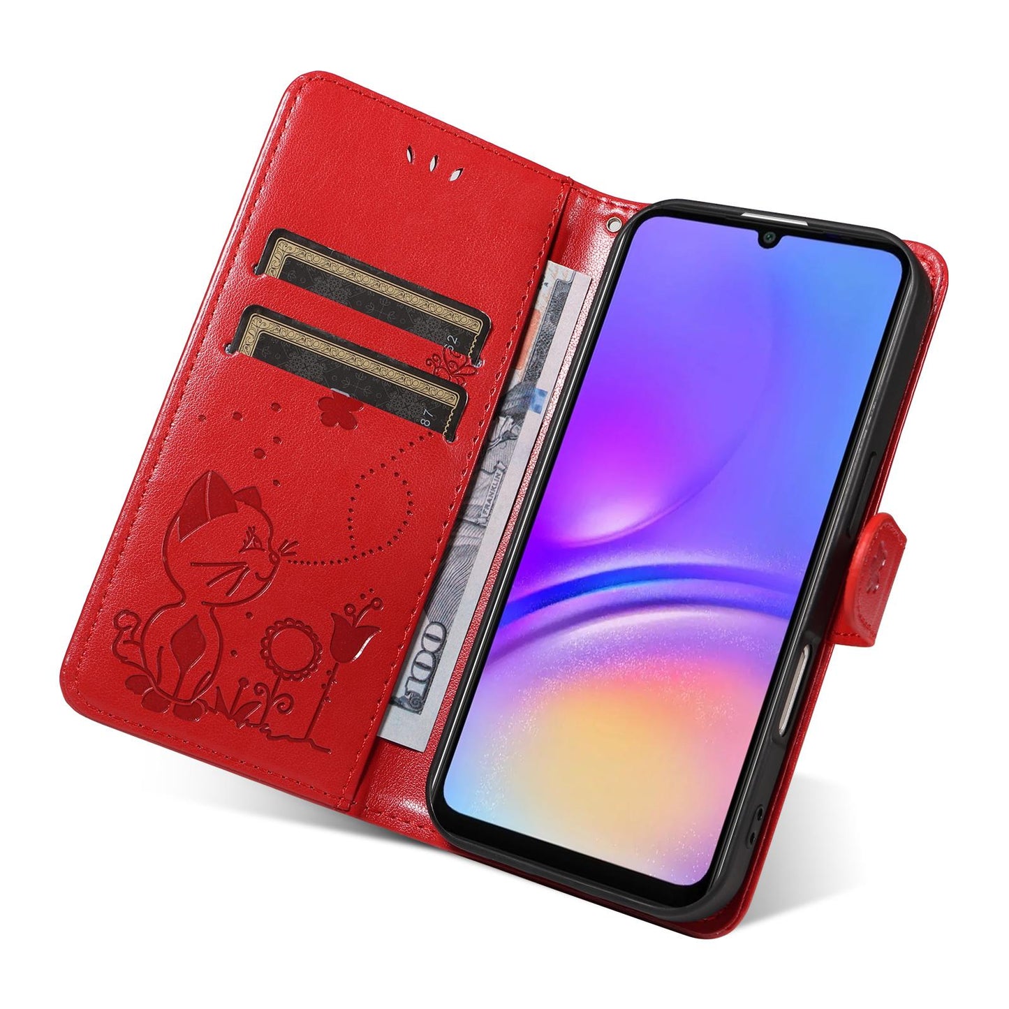 For Samsung Galaxy A07 5G Cat and Bee Embossed Flip Leather Phone Case Wallet Cover with Card Slots Cash Pocket Magnetic Stand Protective Shockproof TPU PU Leather Case with Wrist Strap