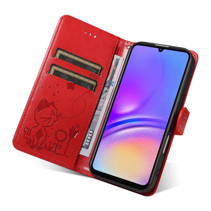 For Samsung Galaxy A07 5G Cat and Bee Embossed Flip Leather Phone Case Wallet Cover with Card Slots Cash Pocket Magnetic Stand Protective Shockproof TPU PU Leather Case with Wrist Strap