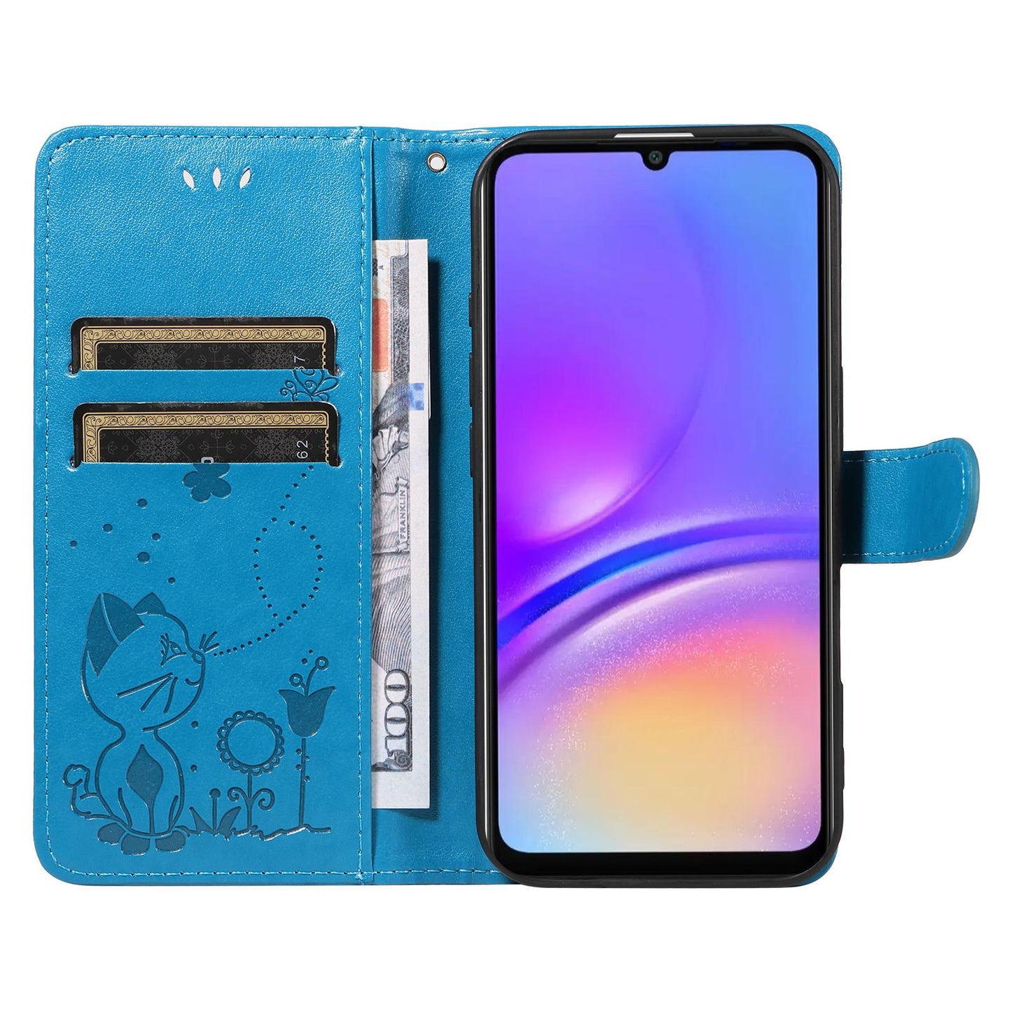 For Samsung Galaxy A07 5G Cat and Bee Embossed Flip Leather Phone Case Wallet Cover with Card Slots Cash Pocket Magnetic Stand Protective Shockproof TPU PU Leather Case with Wrist Strap