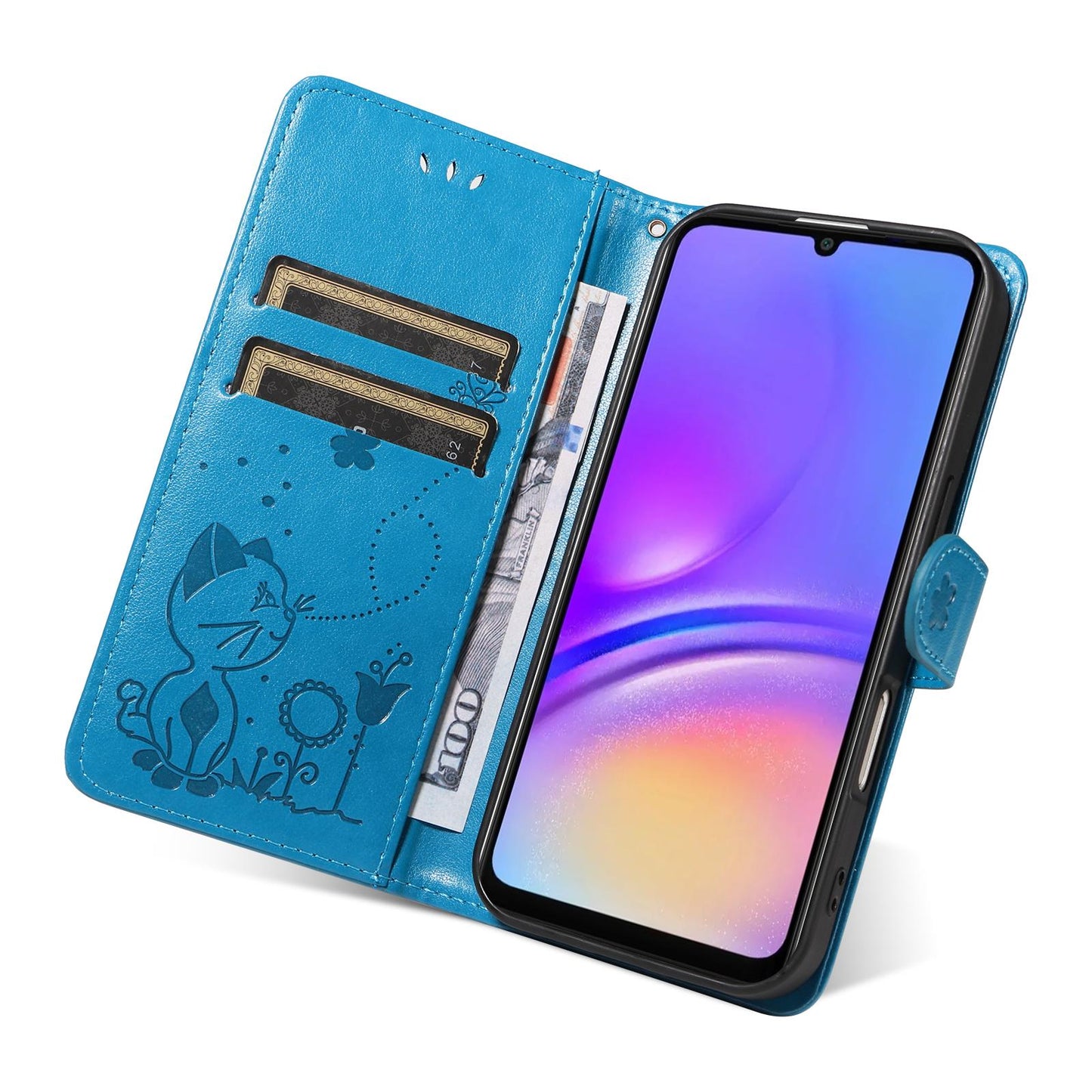 For Samsung Galaxy A07 5G Cat and Bee Embossed Flip Leather Phone Case Wallet Cover with Card Slots Cash Pocket Magnetic Stand Protective Shockproof TPU PU Leather Case with Wrist Strap