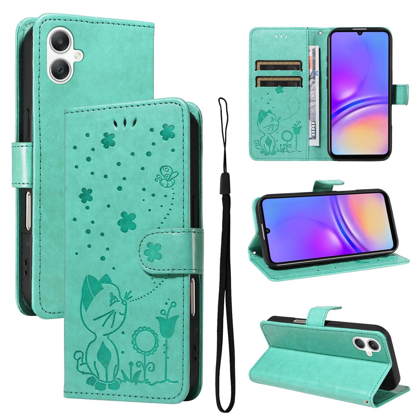 For Samsung Galaxy A07 5G Cat and Bee Embossed Flip Leather Phone Case Wallet Cover with Card Slots Cash Pocket Magnetic Stand Protective Shockproof TPU PU Leather Case with Wrist Strap