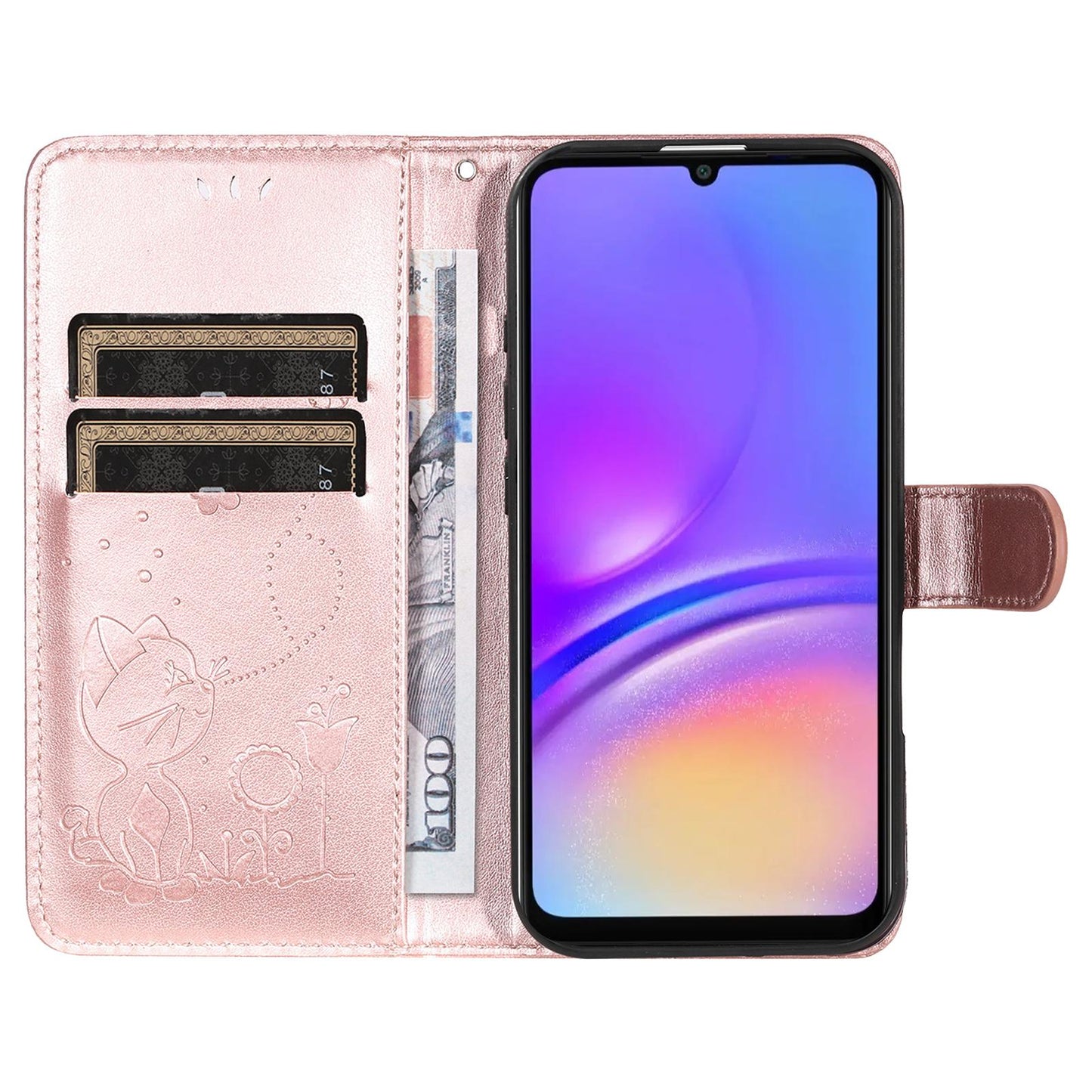 For Samsung Galaxy A07 5G Cat and Bee Embossed Flip Leather Phone Case Wallet Cover with Card Slots Cash Pocket Magnetic Stand Protective Shockproof TPU PU Leather Case with Wrist Strap