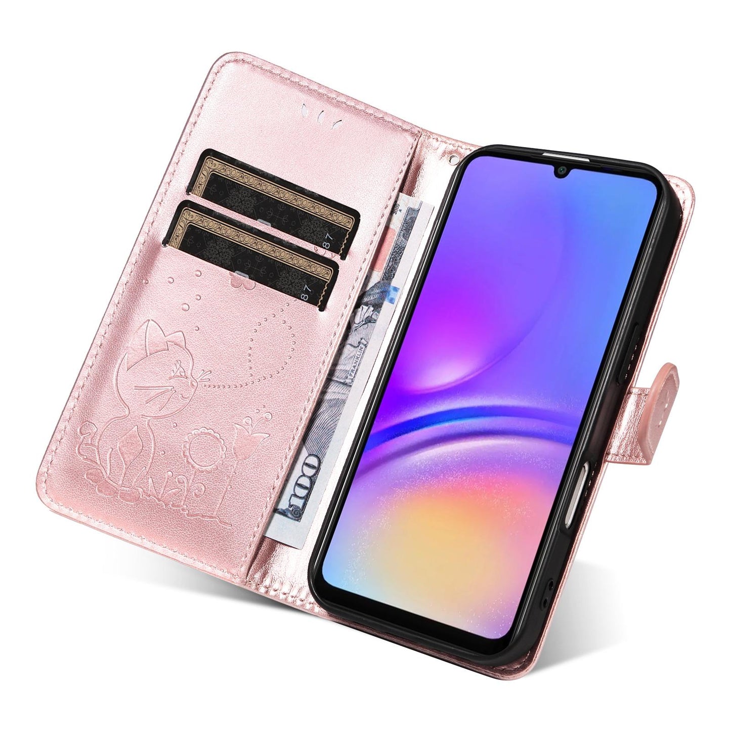 For Samsung Galaxy A07 5G Cat and Bee Embossed Flip Leather Phone Case Wallet Cover with Card Slots Cash Pocket Magnetic Stand Protective Shockproof TPU PU Leather Case with Wrist Strap