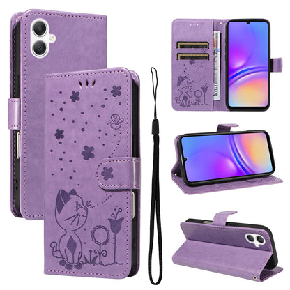 For Samsung Galaxy A07 5G Cat and Bee Embossed Flip Leather Phone Case Wallet Cover with Card Slots Cash Pocket Magnetic Stand Protective Shockproof TPU PU Leather Case with Wrist Strap
