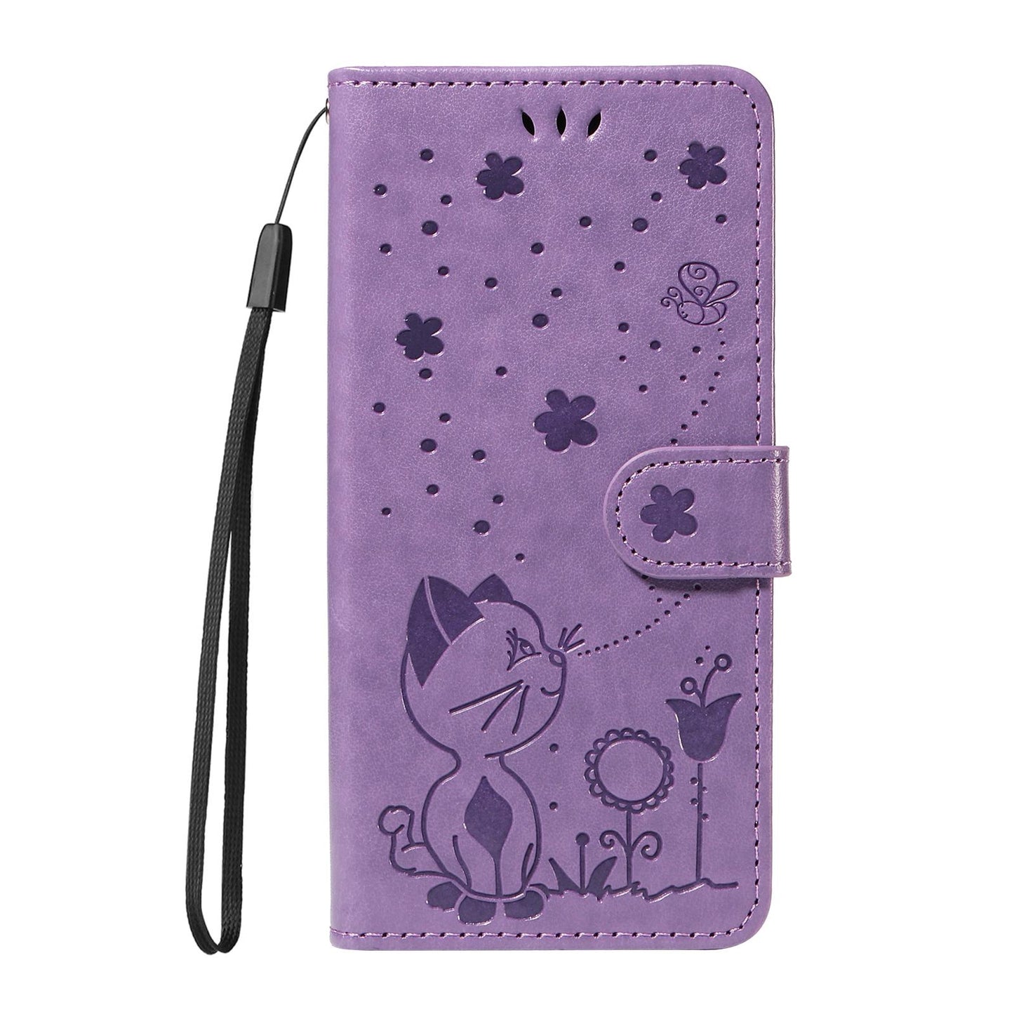 For Samsung Galaxy A07 5G Cat and Bee Embossed Flip Leather Phone Case Wallet Cover with Card Slots Cash Pocket Magnetic Stand Protective Shockproof TPU PU Leather Case with Wrist Strap