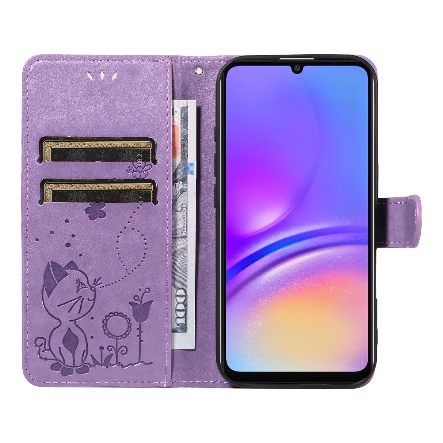For Samsung Galaxy A07 5G Cat and Bee Embossed Flip Leather Phone Case Wallet Cover with Card Slots Cash Pocket Magnetic Stand Protective Shockproof TPU PU Leather Case with Wrist Strap