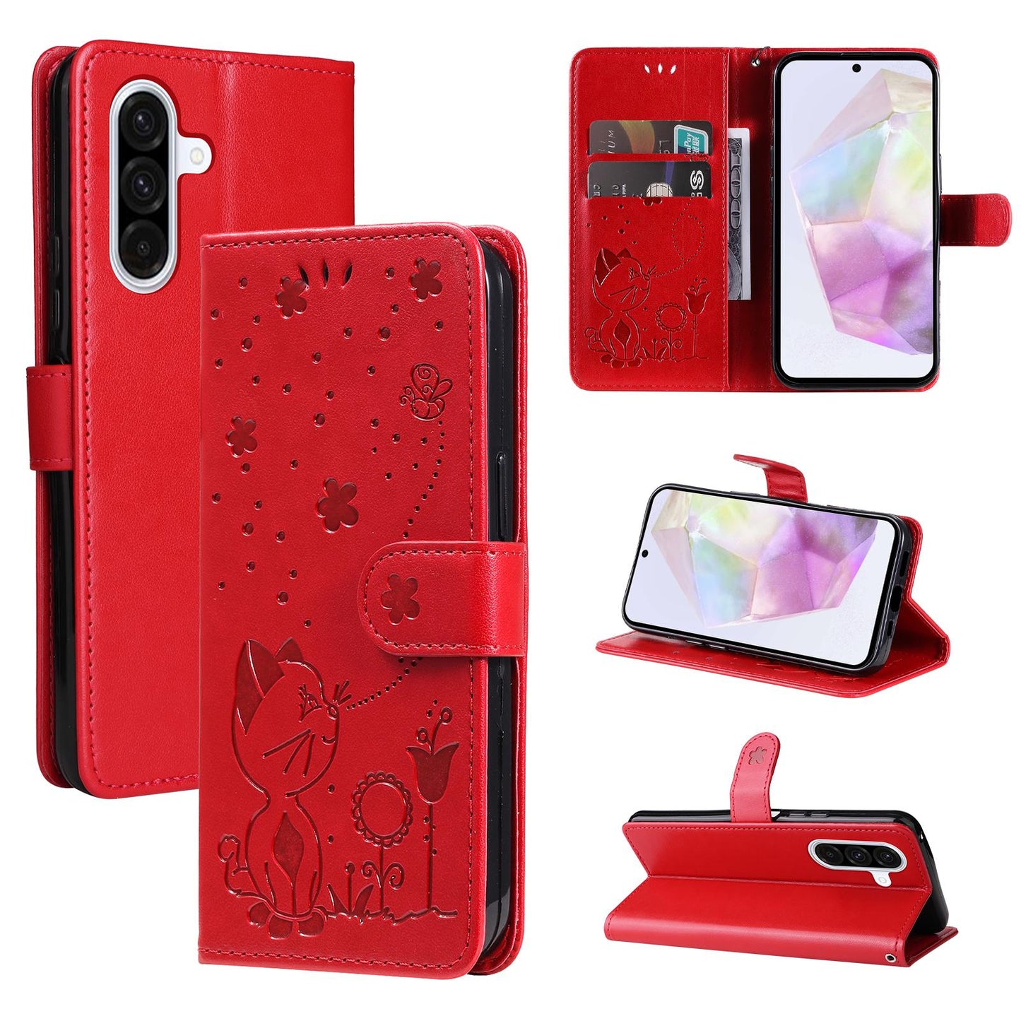 For Samsung Galaxy A36 5G Cat and Bee Embossed Flip Leather Phone Case Wallet Cover with Card Slots Cash Pocket Magnetic Stand Protective Shockproof TPU PU Leather Case with Wrist Strap