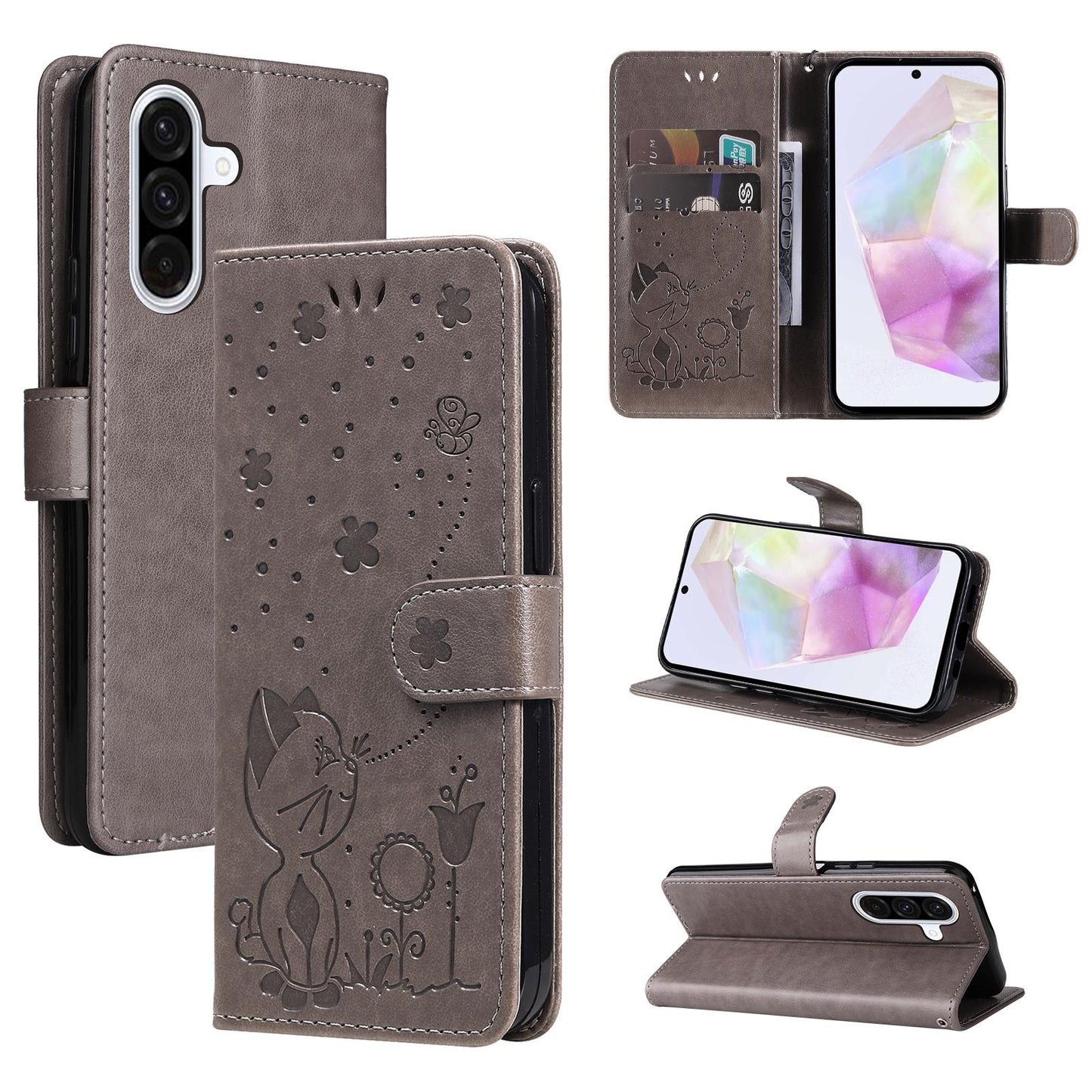 For Samsung Galaxy A36 5G Cat and Bee Embossed Flip Leather Phone Case Wallet Cover with Card Slots Cash Pocket Magnetic Stand Protective Shockproof TPU PU Leather Case with Wrist Strap