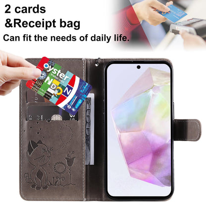 For Samsung Galaxy A36 5G Cat and Bee Embossed Flip Leather Phone Case Wallet Cover with Card Slots Cash Pocket Magnetic Stand Protective Shockproof TPU PU Leather Case with Wrist Strap