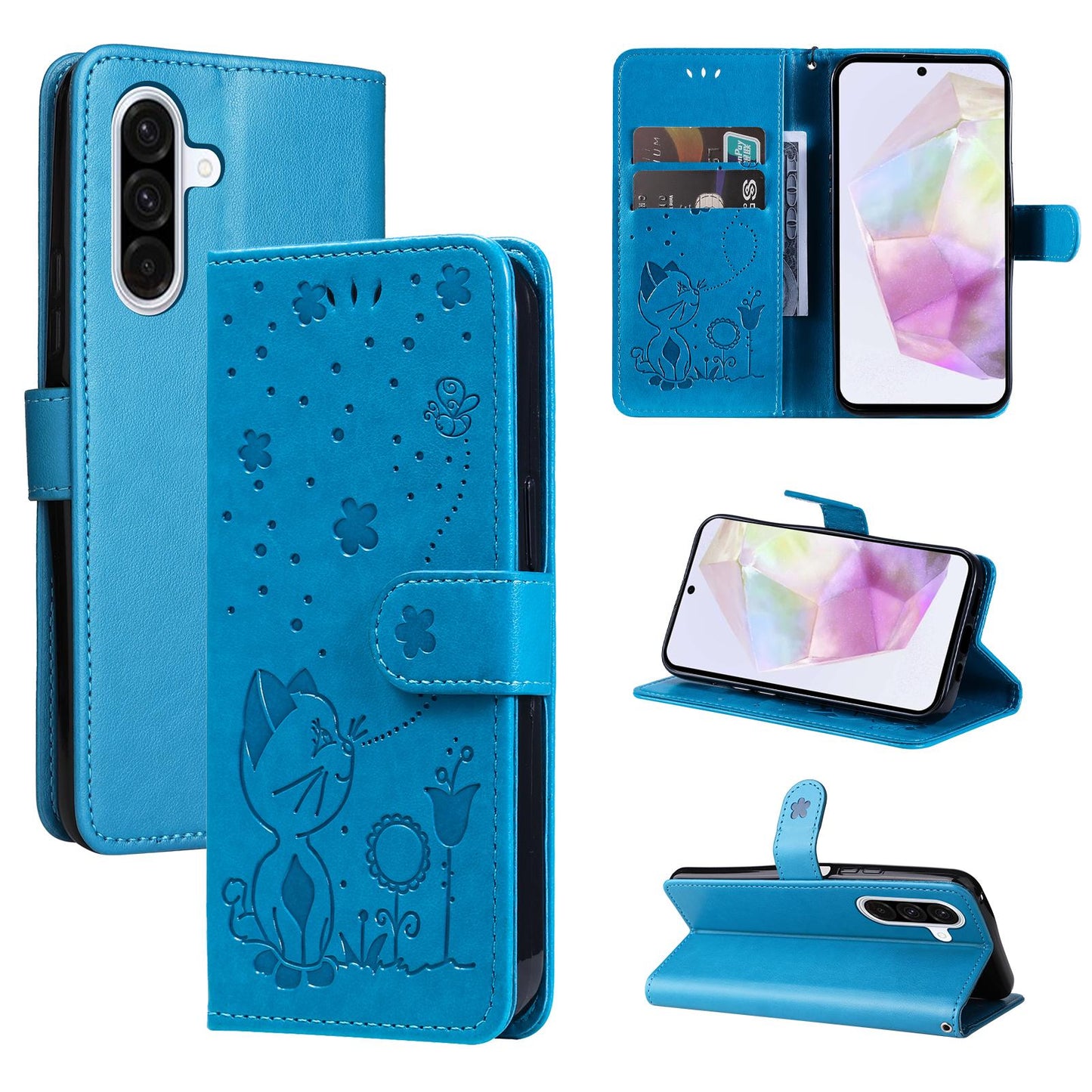 For Samsung Galaxy A36 5G Cat and Bee Embossed Flip Leather Phone Case Wallet Cover with Card Slots Cash Pocket Magnetic Stand Protective Shockproof TPU PU Leather Case with Wrist Strap