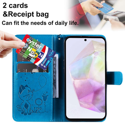 For Samsung Galaxy M56 5G Cat and Bee Embossed Flip Leather Phone Case Wallet Cover with Card Slots Cash Pocket Magnetic Stand Protective Shockproof TPU PU Leather Case with Wrist Strap