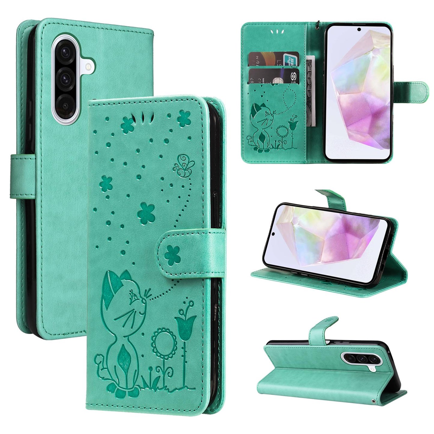 For Samsung Galaxy M56 5G Cat and Bee Embossed Flip Leather Phone Case Wallet Cover with Card Slots Cash Pocket Magnetic Stand Protective Shockproof TPU PU Leather Case with Wrist Strap