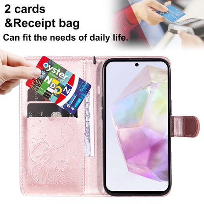 For Samsung Galaxy A36 5G Cat and Bee Embossed Flip Leather Phone Case Wallet Cover with Card Slots Cash Pocket Magnetic Stand Protective Shockproof TPU PU Leather Case with Wrist Strap
