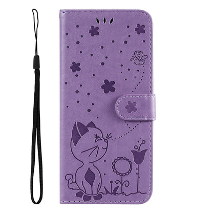 For Samsung Galaxy M56 5G Cat and Bee Embossed Flip Leather Phone Case Wallet Cover with Card Slots Cash Pocket Magnetic Stand Protective Shockproof TPU PU Leather Case with Wrist Strap