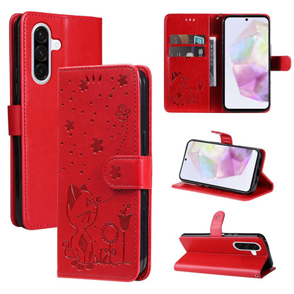 For Samsung Galaxy A56 5G Cat and Bee Embossed Flip Leather Phone Case Wallet Cover with Card Slots Cash Pocket Magnetic Stand Protective Shockproof TPU PU Leather Case with Wrist Strap