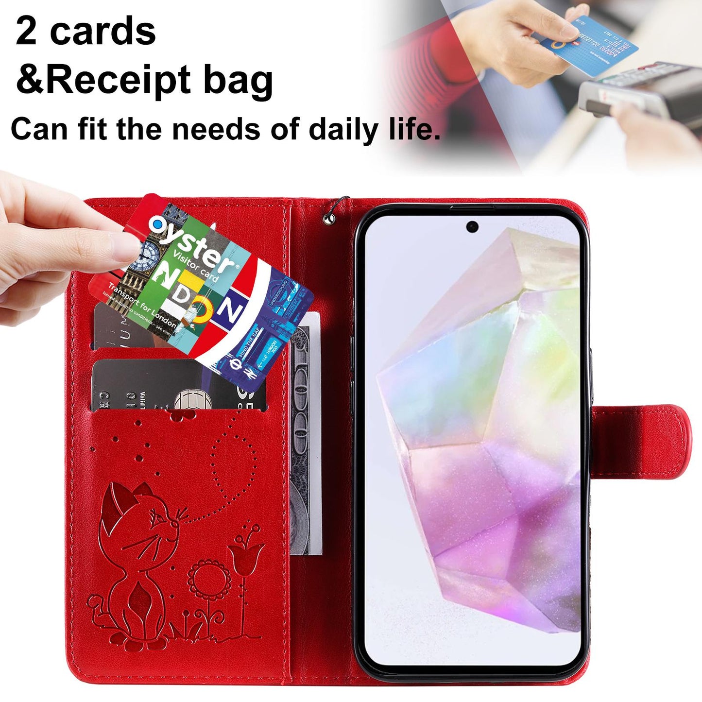 For Samsung Galaxy A56 5G Cat and Bee Embossed Flip Leather Phone Case Wallet Cover with Card Slots Cash Pocket Magnetic Stand Protective Shockproof TPU PU Leather Case with Wrist Strap