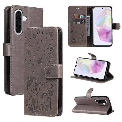 For Samsung Galaxy A56 5G Cat and Bee Embossed Flip Leather Phone Case Wallet Cover with Card Slots Cash Pocket Magnetic Stand Protective Shockproof TPU PU Leather Case with Wrist Strap