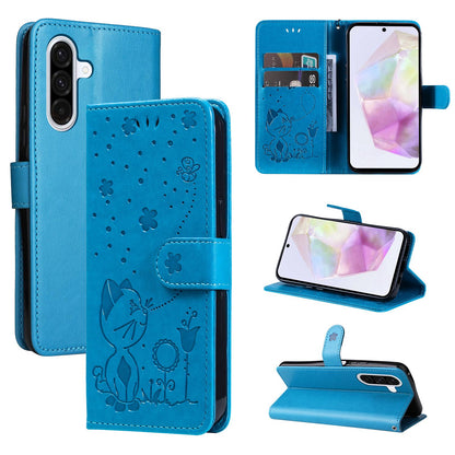 For Samsung Galaxy A56 5G Cat and Bee Embossed Flip Leather Phone Case Wallet Cover with Card Slots Cash Pocket Magnetic Stand Protective Shockproof TPU PU Leather Case with Wrist Strap