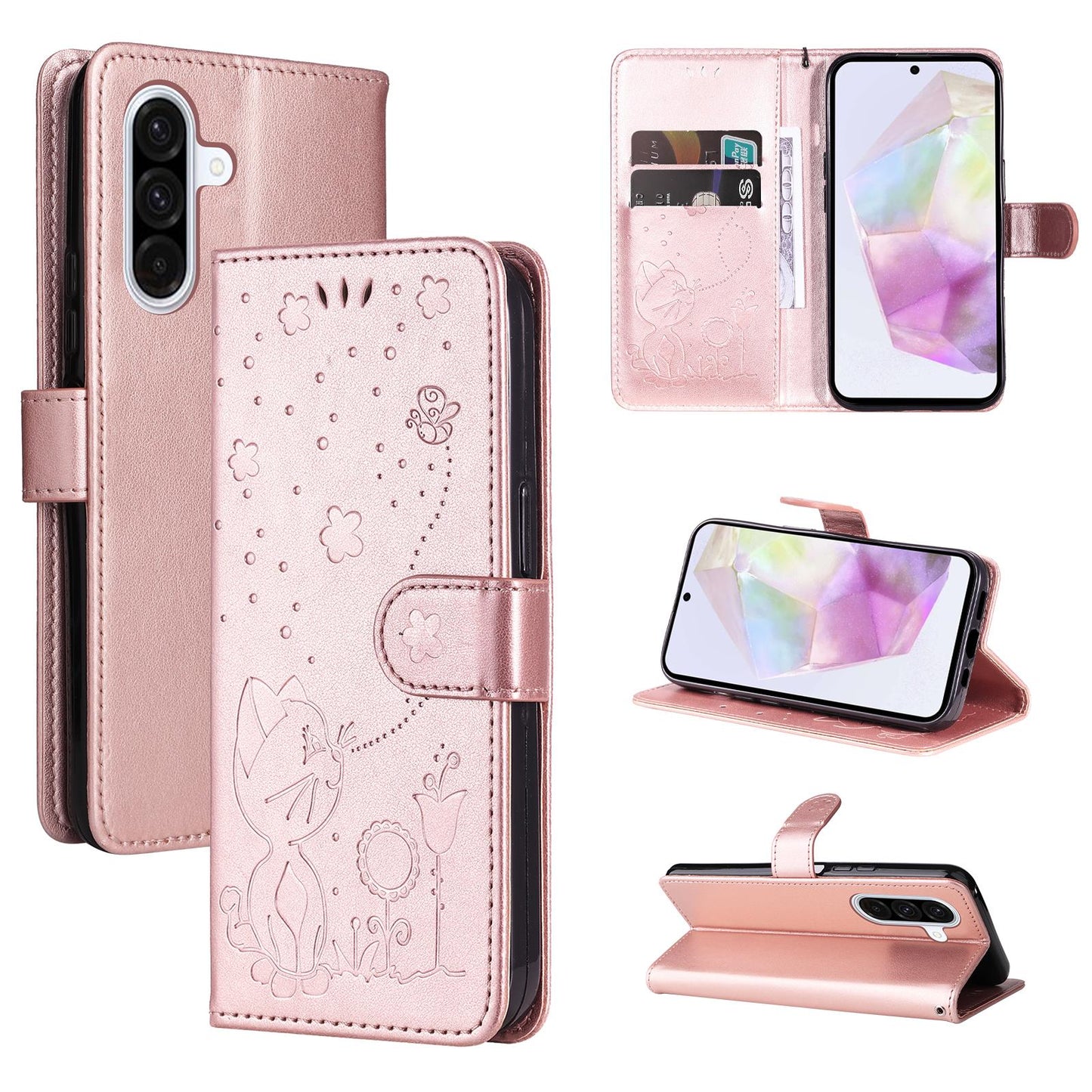 For Samsung Galaxy A56 5G Cat and Bee Embossed Flip Leather Phone Case Wallet Cover with Card Slots Cash Pocket Magnetic Stand Protective Shockproof TPU PU Leather Case with Wrist Strap