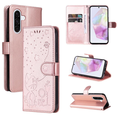 For Samsung Galaxy A56 5G Cat and Bee Embossed Flip Leather Phone Case Wallet Cover with Card Slots Cash Pocket Magnetic Stand Protective Shockproof TPU PU Leather Case with Wrist Strap