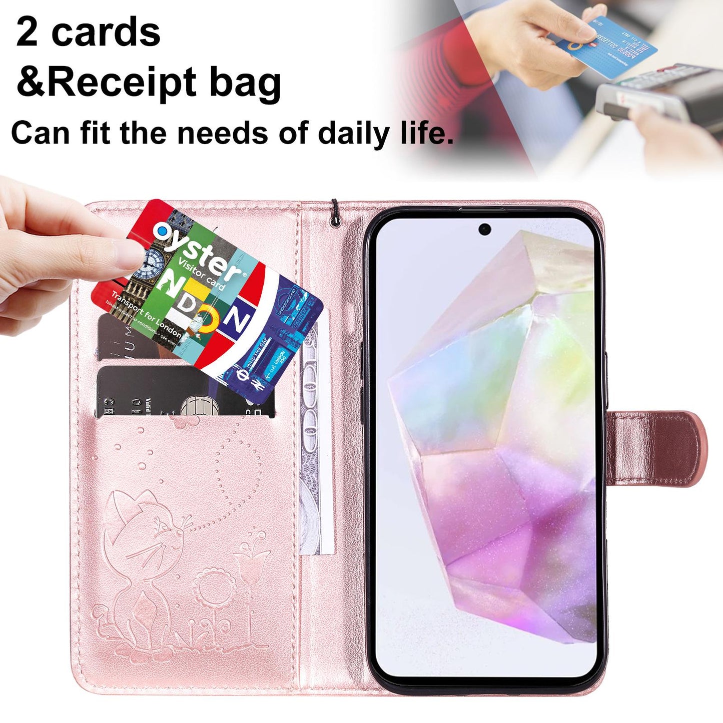 For Samsung Galaxy A56 5G Cat and Bee Embossed Flip Leather Phone Case Wallet Cover with Card Slots Cash Pocket Magnetic Stand Protective Shockproof TPU PU Leather Case with Wrist Strap