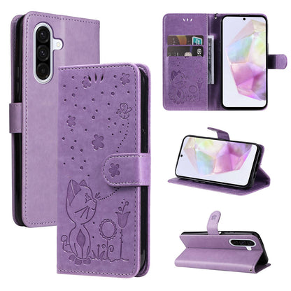 For Samsung Galaxy A56 5G Cat and Bee Embossed Flip Leather Phone Case Wallet Cover with Card Slots Cash Pocket Magnetic Stand Protective Shockproof TPU PU Leather Case with Wrist Strap