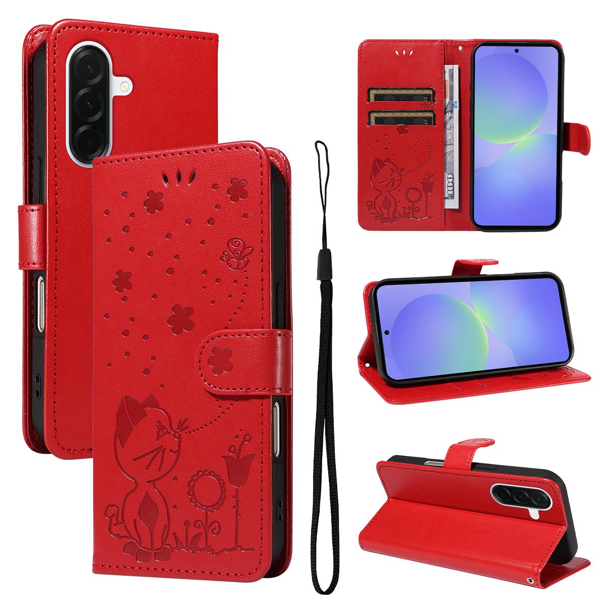 For Samsung Galaxy A37 5G Cat and Bee Embossed Flip Leather Phone Case Wallet Cover with Card Slots Cash Pocket Magnetic Stand Protective Shockproof TPU PU Leather Case with Wrist Strap