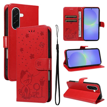 For Samsung Galaxy A37 5G Cat and Bee Embossed Flip Leather Phone Case Wallet Cover with Card Slots Cash Pocket Magnetic Stand Protective Shockproof TPU PU Leather Case with Wrist Strap