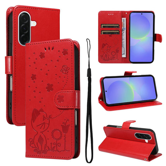 For Samsung Galaxy A37 5G Cat and Bee Embossed Flip Leather Phone Case Wallet Cover with Card Slots Cash Pocket Magnetic Stand Protective Shockproof TPU PU Leather Case with Wrist Strap