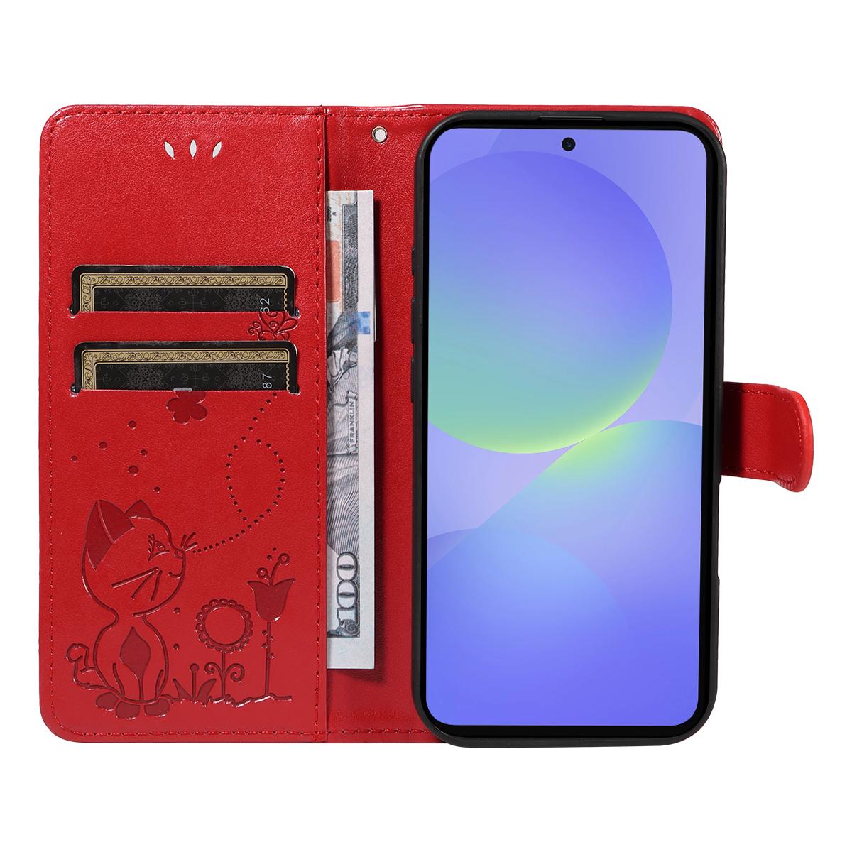 For Samsung Galaxy A37 5G Cat and Bee Embossed Flip Leather Phone Case Wallet Cover with Card Slots Cash Pocket Magnetic Stand Protective Shockproof TPU PU Leather Case with Wrist Strap