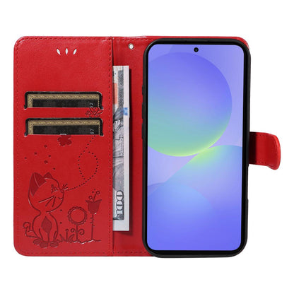 For Samsung Galaxy A37 5G Cat and Bee Embossed Flip Leather Phone Case Wallet Cover with Card Slots Cash Pocket Magnetic Stand Protective Shockproof TPU PU Leather Case with Wrist Strap