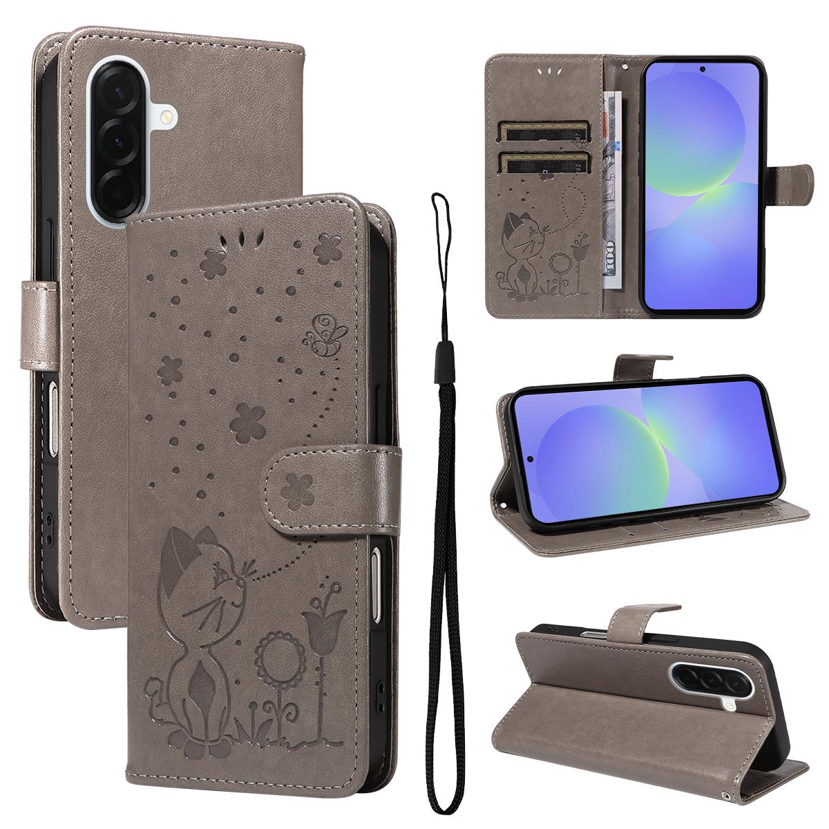 For Samsung Galaxy A37 5G Cat and Bee Embossed Flip Leather Phone Case Wallet Cover with Card Slots Cash Pocket Magnetic Stand Protective Shockproof TPU PU Leather Case with Wrist Strap