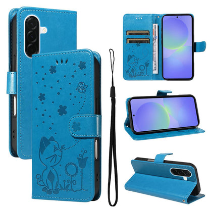 For Samsung Galaxy A37 5G Cat and Bee Embossed Flip Leather Phone Case Wallet Cover with Card Slots Cash Pocket Magnetic Stand Protective Shockproof TPU PU Leather Case with Wrist Strap