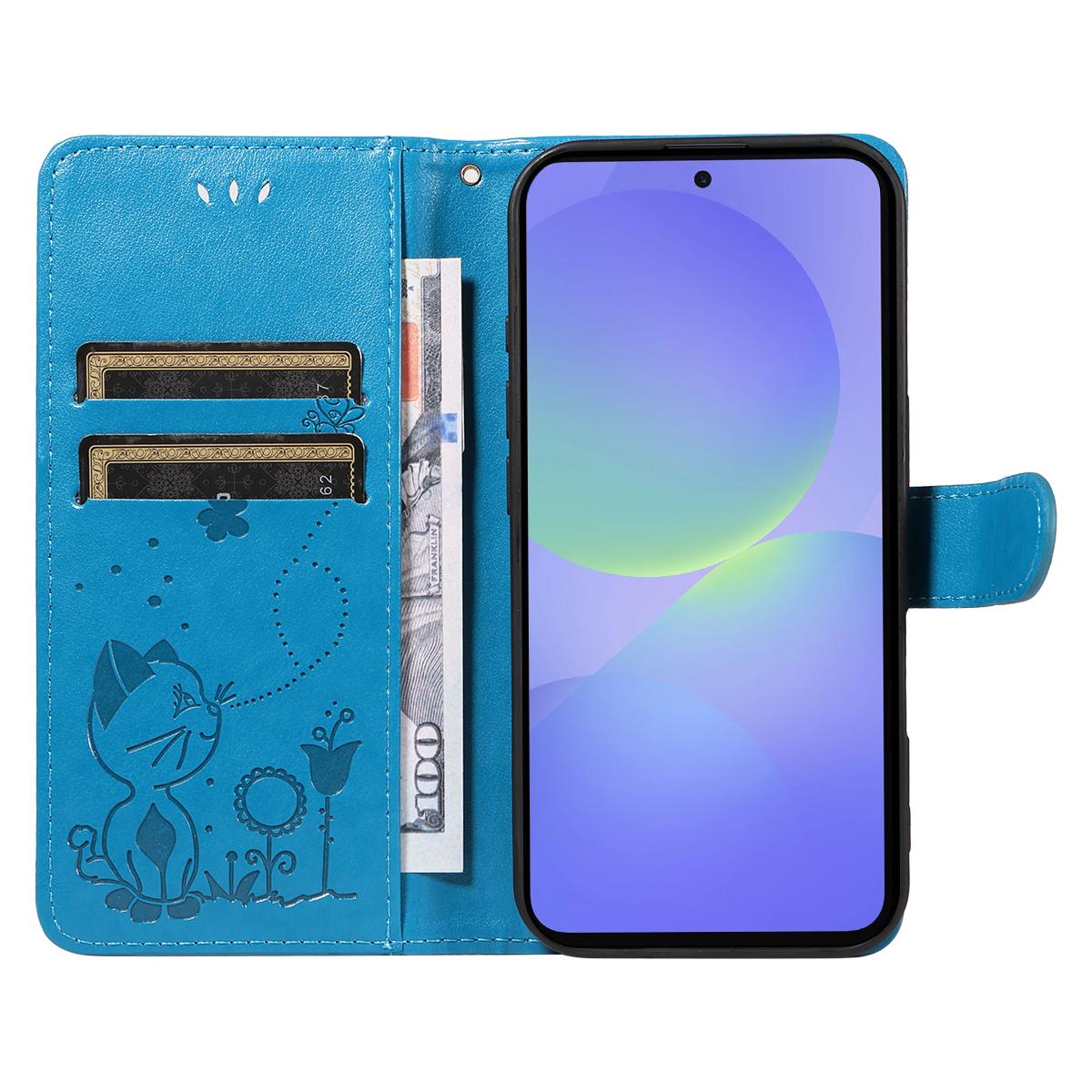 For Samsung Galaxy A37 5G Cat and Bee Embossed Flip Leather Phone Case Wallet Cover with Card Slots Cash Pocket Magnetic Stand Protective Shockproof TPU PU Leather Case with Wrist Strap