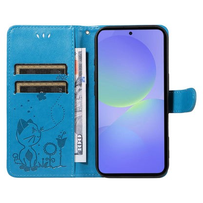 For Samsung Galaxy A37 5G Cat and Bee Embossed Flip Leather Phone Case Wallet Cover with Card Slots Cash Pocket Magnetic Stand Protective Shockproof TPU PU Leather Case with Wrist Strap