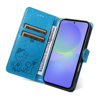 For Samsung Galaxy A37 5G Cat and Bee Embossed Flip Leather Phone Case Wallet Cover with Card Slots Cash Pocket Magnetic Stand Protective Shockproof TPU PU Leather Case with Wrist Strap