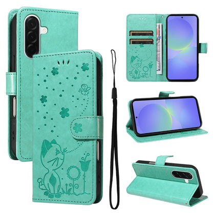 For Samsung Galaxy A37 5G Cat and Bee Embossed Flip Leather Phone Case Wallet Cover with Card Slots Cash Pocket Magnetic Stand Protective Shockproof TPU PU Leather Case with Wrist Strap