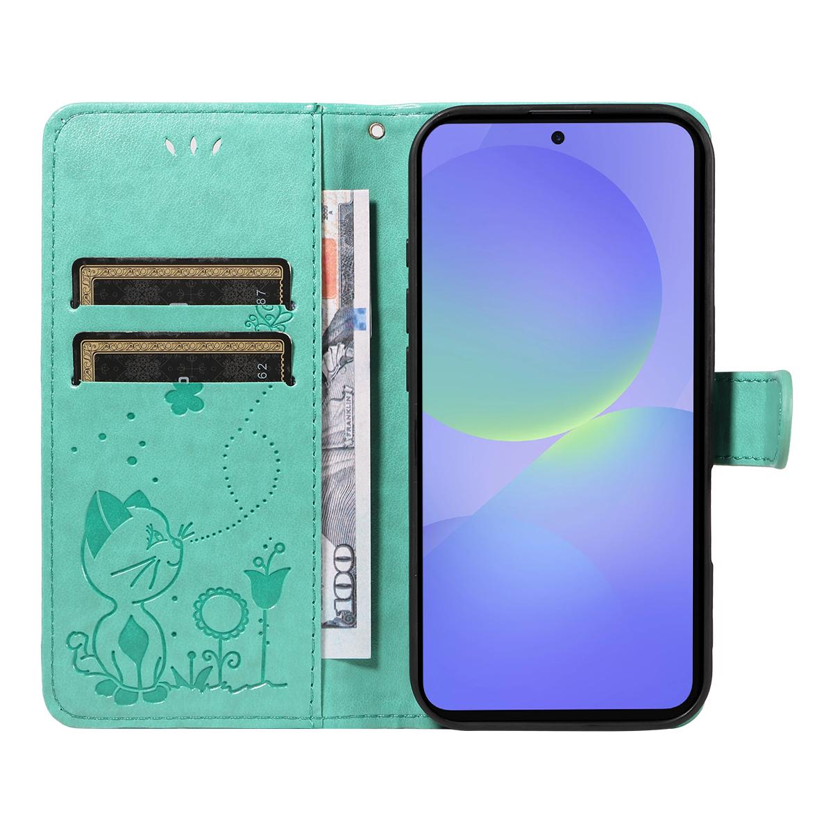 For Samsung Galaxy A37 5G Cat and Bee Embossed Flip Leather Phone Case Wallet Cover with Card Slots Cash Pocket Magnetic Stand Protective Shockproof TPU PU Leather Case with Wrist Strap