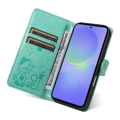 For Samsung Galaxy A37 5G Cat and Bee Embossed Flip Leather Phone Case Wallet Cover with Card Slots Cash Pocket Magnetic Stand Protective Shockproof TPU PU Leather Case with Wrist Strap
