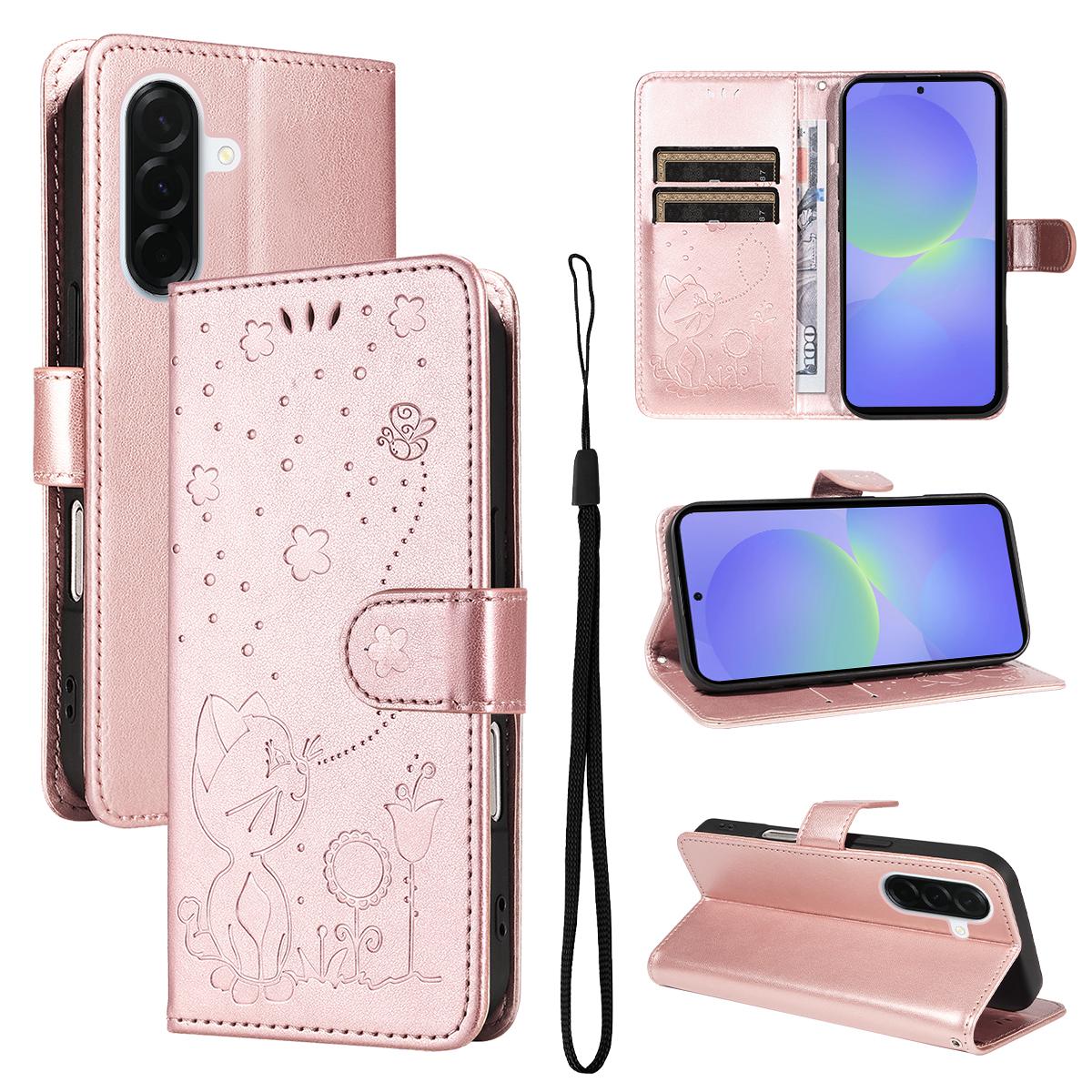 For Samsung Galaxy A37 5G Cat and Bee Embossed Flip Leather Phone Case Wallet Cover with Card Slots Cash Pocket Magnetic Stand Protective Shockproof TPU PU Leather Case with Wrist Strap